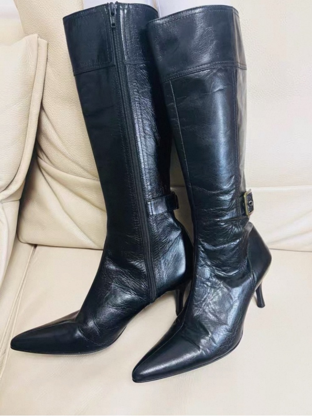Classic Black Leather Pointed-Toe Knee-High Boots